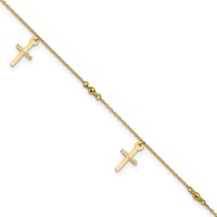 14K Yellow Gold Diamond-cut 3 Cross Dangles and Beads Plus 1 Inch Extender - Total 10 Inch Anklet - 9in view 1