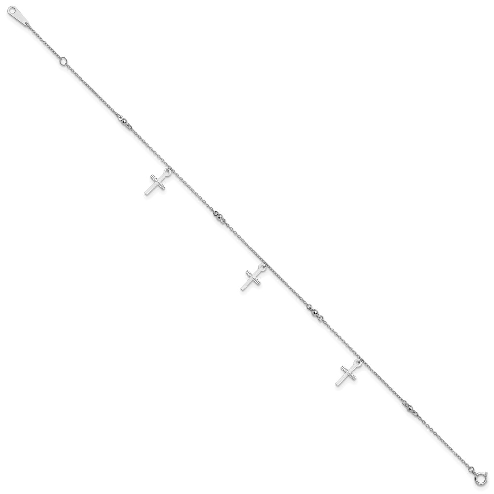 14k White Gold Polished Diamond-cut 3 Cross Dangles and Beads 9 inch Anklet Plus 1 inch Extender (ANK267W-9)