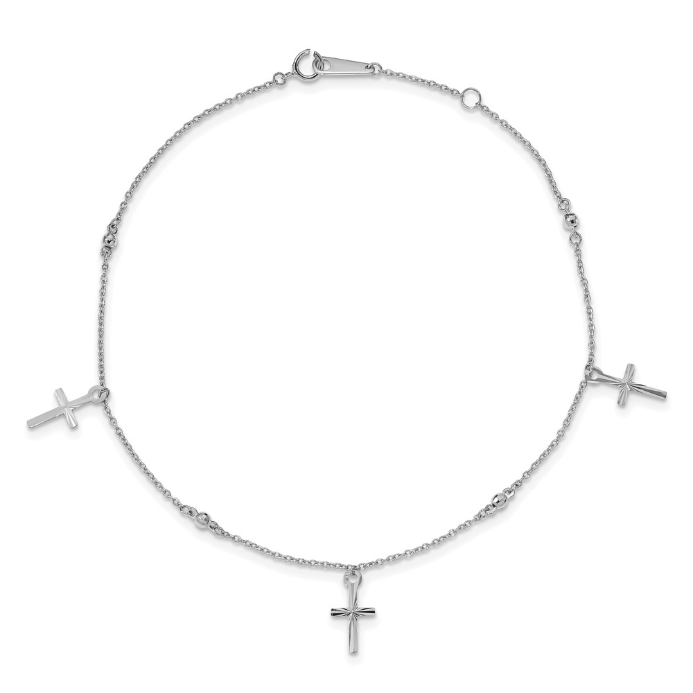 14k White Gold Polished Diamond-cut 3 Cross Dangles and Beads 9 inch Anklet Plus 1 inch Extender (ANK267W-9)