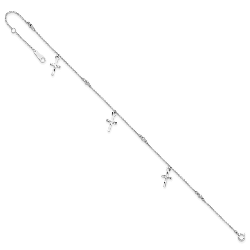 14k White Gold Polished Diamond-cut 3 Cross Dangles and Beads 9 inch Anklet Plus 1 inch Extender (ANK267W-9)