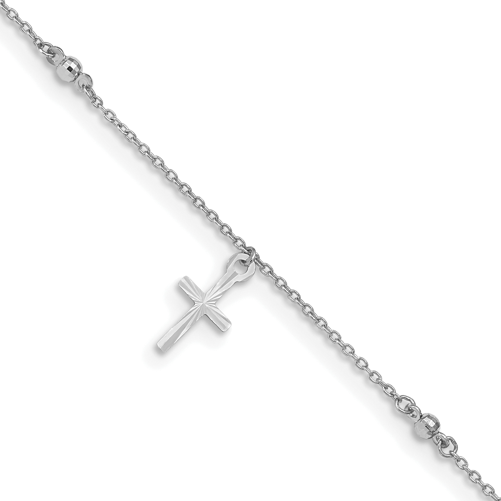 14k White Gold Polished Diamond-cut 3 Cross Dangles and Beads 9 inch Anklet Plus 1 inch Extender (ANK267W-9)