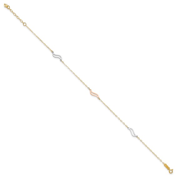 14K Tri-color Open Wavy Links 3-Station 9 inch Plus 1 inch Extender - Total 10 inch Anklet