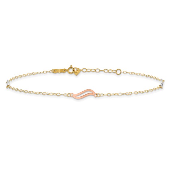 14K Tri-color Open Wavy Links 3-Station 9 inch Plus 1 inch Extender - Total 10 inch Anklet