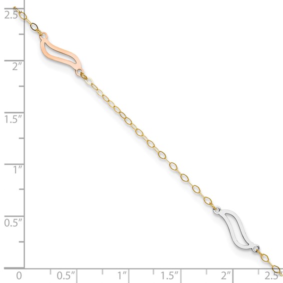 14K Tri-color Open Wavy Links 3-Station 9 inch Plus 1 inch Extender - Total 10 inch Anklet