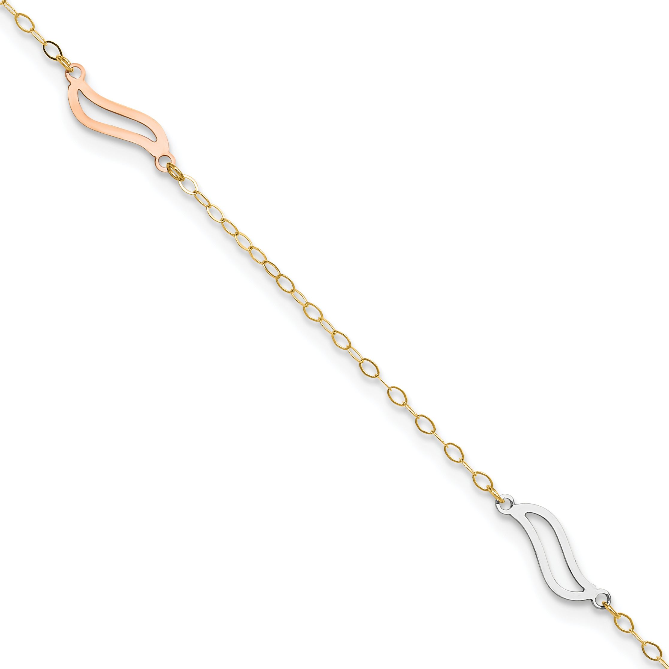 14K Tri-color Open S-Links 3-Station 9 inch Anklet Plus 1 inch Heart Dangle Extender (ANK268-10)