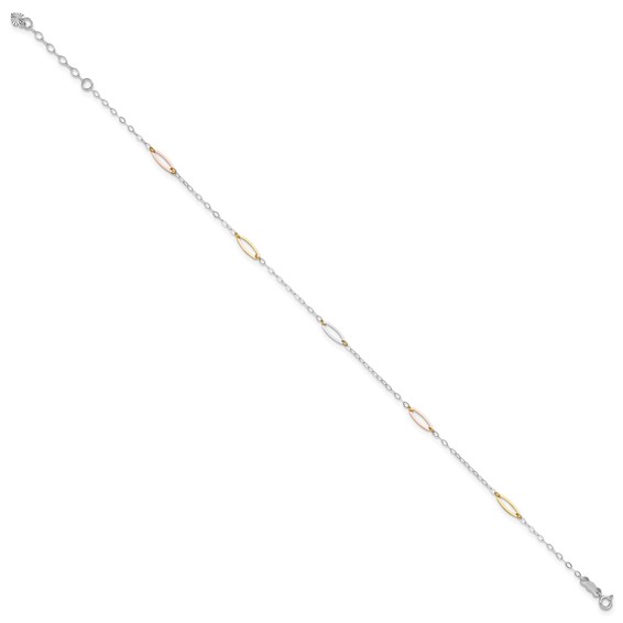 14K Tri-color Oval Link 5-Station 9 inch Plus 1 inch Extender - Total 10 inch Anklet