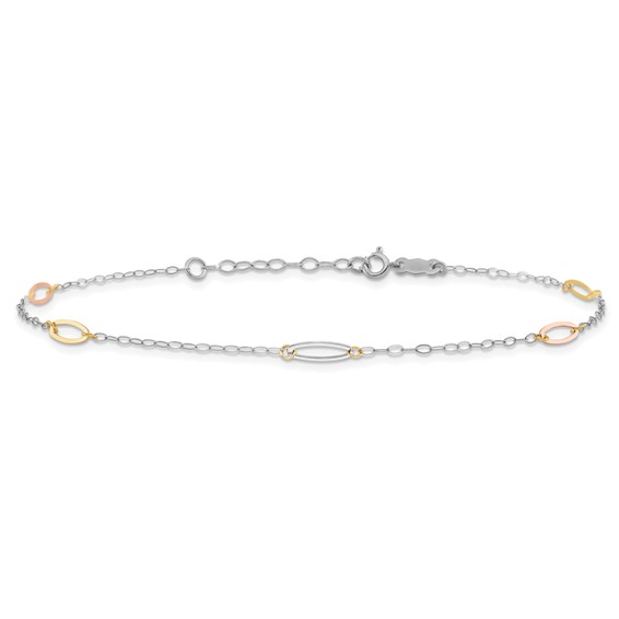 14K Tri-color Oval Link 5-Station 9 inch Plus 1 inch Extender - Total 10 inch Anklet