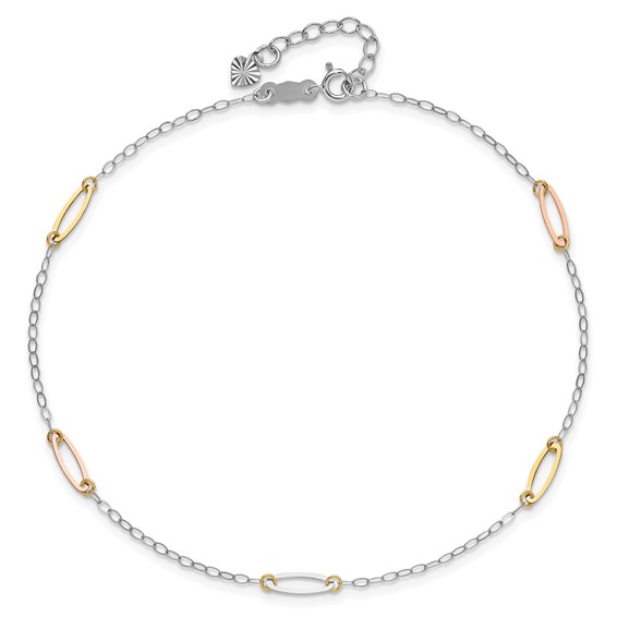 14K Tri-color Oval Link 5-Station 9 inch Plus 1 inch Extender - Total 10 inch Anklet