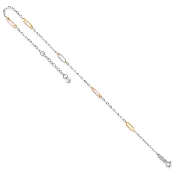14K Tri-color Oval Link 5-Station 9 inch Plus 1 inch Extender - Total 10 inch Anklet
