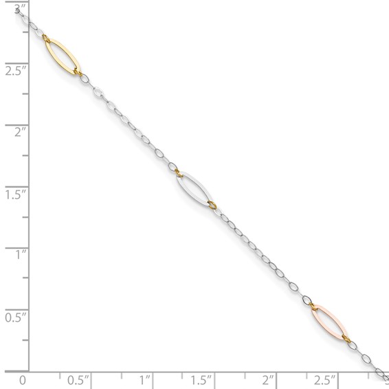 14K Tri-color Oval Link 5-Station 9 inch Plus 1 inch Extender - Total 10 inch Anklet