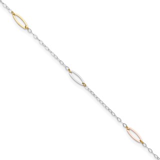14K Tri-color Oval Link 5-Station 9 inch Plus 1 inch Extender - Total 10 inch Anklet