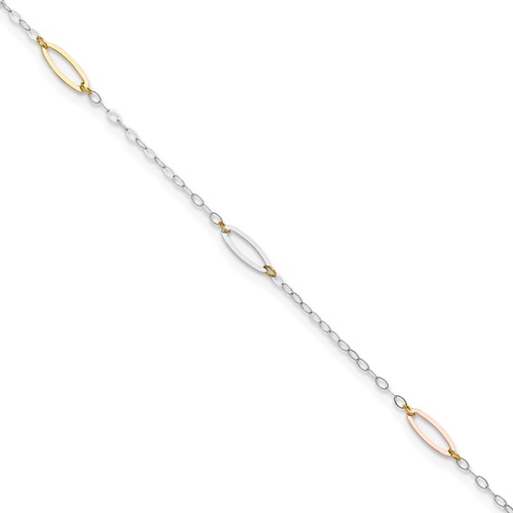 14K Tri-color Oval Link 5-Station 9 inch Plus 1 inch Extender - Total 10 inch Anklet