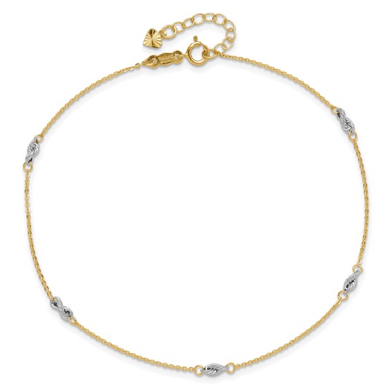 14K Two-tone Fancy Twist 5-Station 9 inch Plus 1 inch Extender - Total 10 inch Anklet