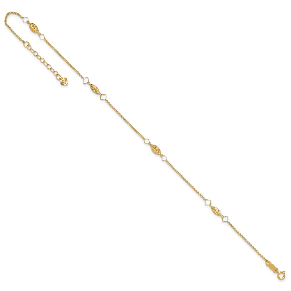 14K Cable Chain and Diamond-cut Rice Puff Beads 4-Station 9 inch Anklet Plus 1 inch Heart Dangle Extender (ANK272-9)