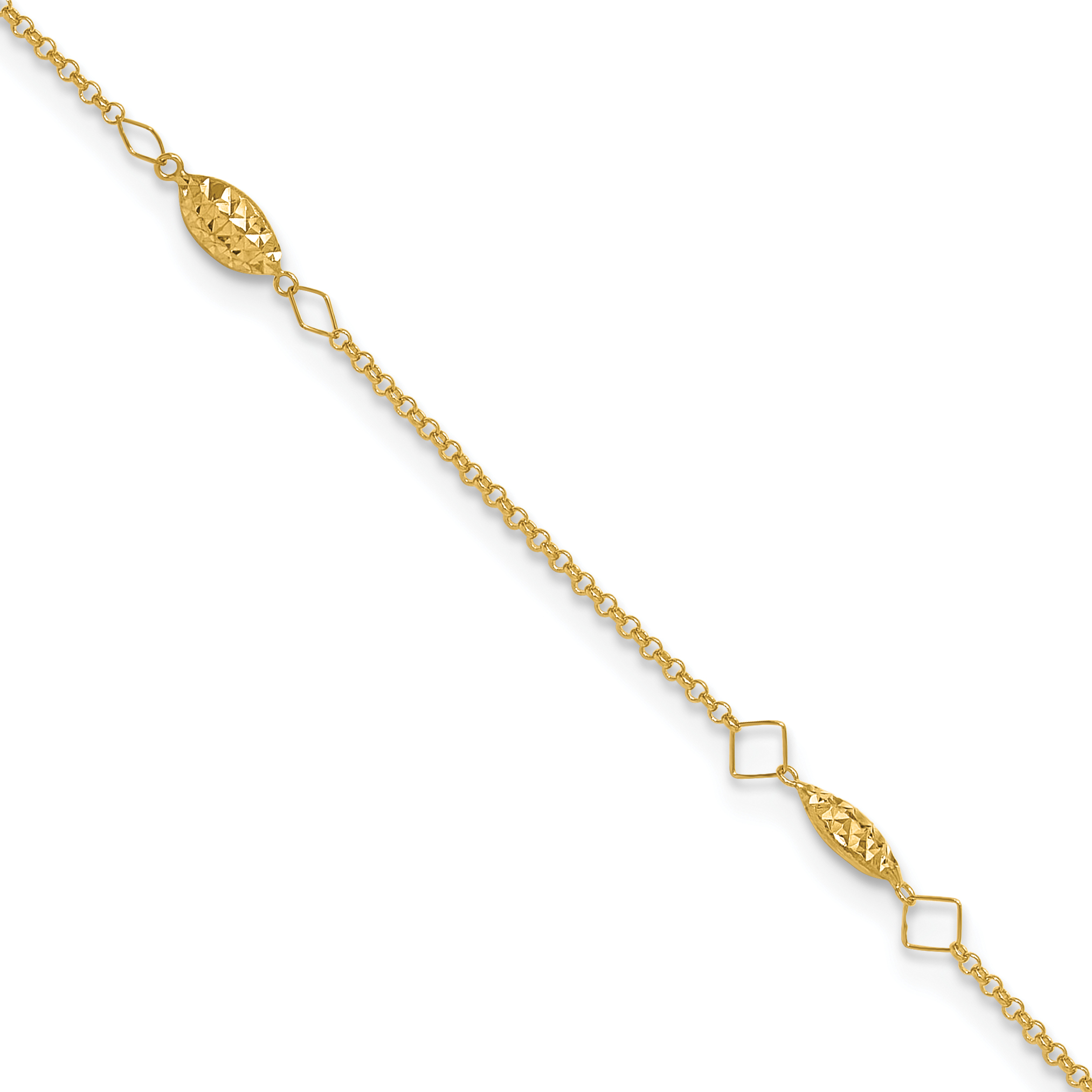 14K Cable Chain and Diamond-cut Rice Puff Beads 4-Station 10 inch Anklet Plus 1 inch Heart Dangle Extender (ANK272-10)