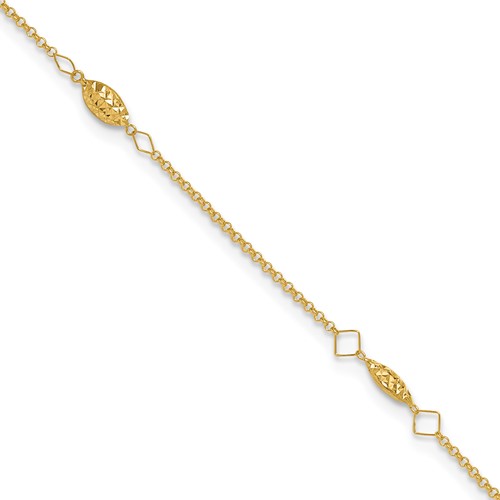 14K Diamond-cut Rice Puff Beads 4-Station 9 inch Plus 1 inch Extender - Total 10 inch Anklet