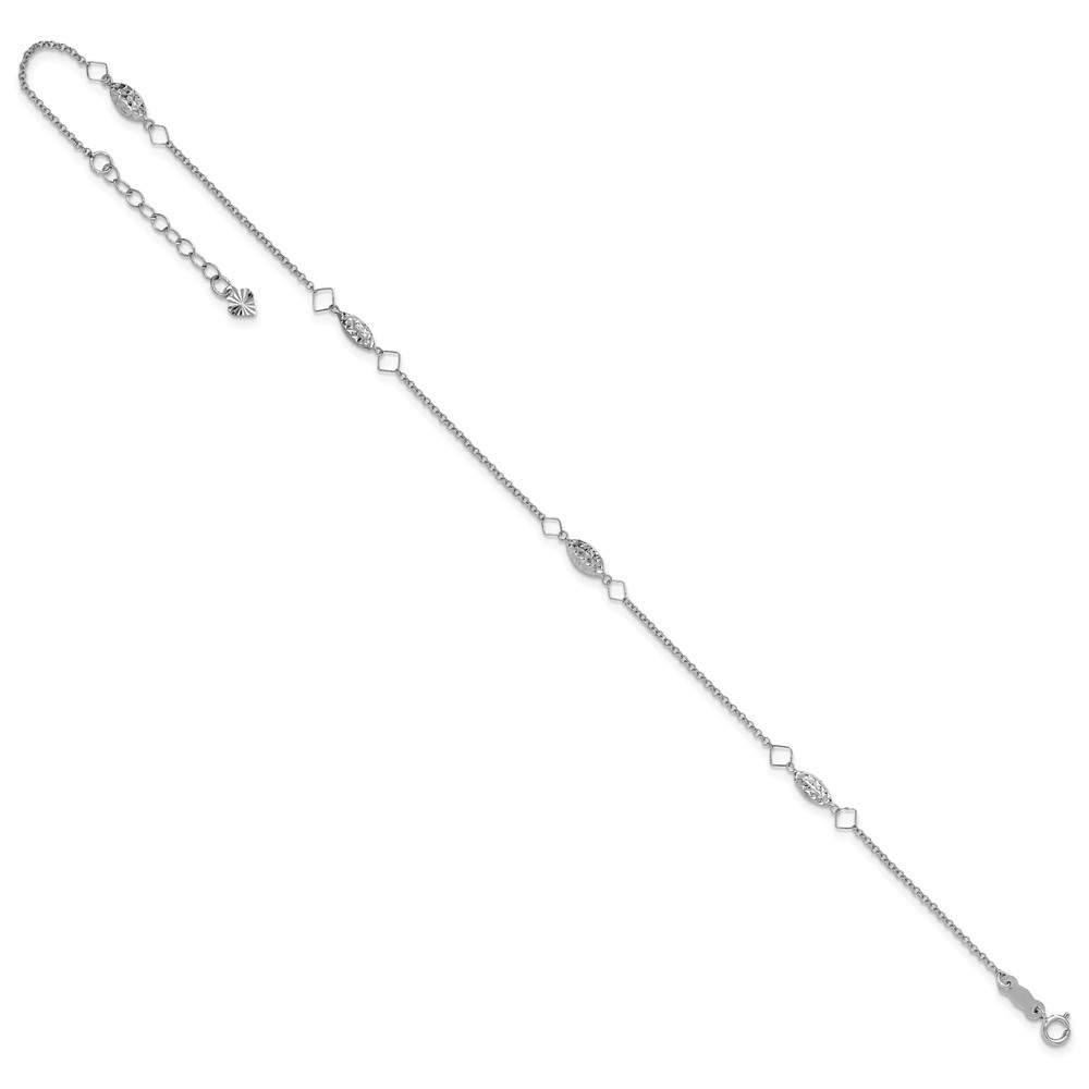 14K White Gold Cable Chain and Diamond-cut Rice Puff Beads 4-Station 9 inch Anklet Plus 1 inch Heart Dangle Extender (ANK272W-9)