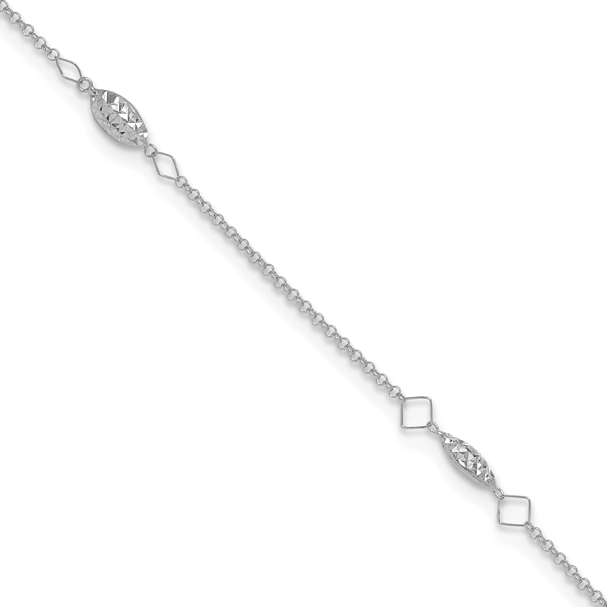 14K White Gold Cable Chain and Diamond-cut Rice Puff Beads 4-Station 9 inch Anklet Plus 1 inch Heart Dangle Extender (ANK272W-9)