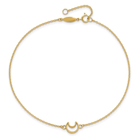 14K Textured and Polished Crescent Moon 9 inch Plus 1 inch Extender - Total 10 inch Anklet