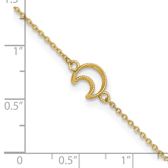 14K Textured and Polished Crescent Moon 9 inch Plus 1 inch Extender - Total 10 inch Anklet