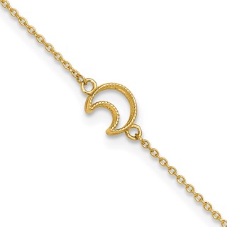 14K Textured and Polished Crescent Moon 9 inch Plus 1 inch Extender - Total 10 inch Anklet
