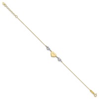14K Two-tone Puffed Love Heart and Diamond-cut Beads Bracelet Plus 1 Inch Heart Dangle Extender, 7" view 2