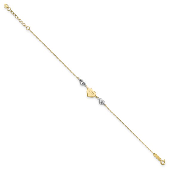 14K Two-tone Puffed LOVE Heart and Diamond-cut Beads 7 inch Bracelet Plus 1 inch Heart Dangle Extender