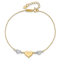 14K Two-tone Puffed Love Heart and Diamond-cut Beads Bracelet Plus 1 Inch Heart Dangle Extender, 7" view 4