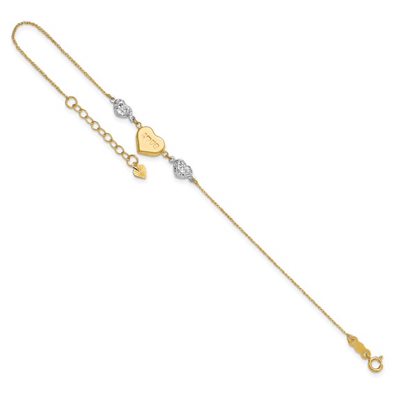14K Two-tone Puffed LOVE Heart and Diamond-cut Beads 7 inch Bracelet Plus 1 inch Heart Dangle Extender