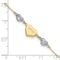 14K Two-tone Puffed Love Heart and Diamond-cut Beads Bracelet Plus 1 Inch Heart Dangle Extender, 7" view 5