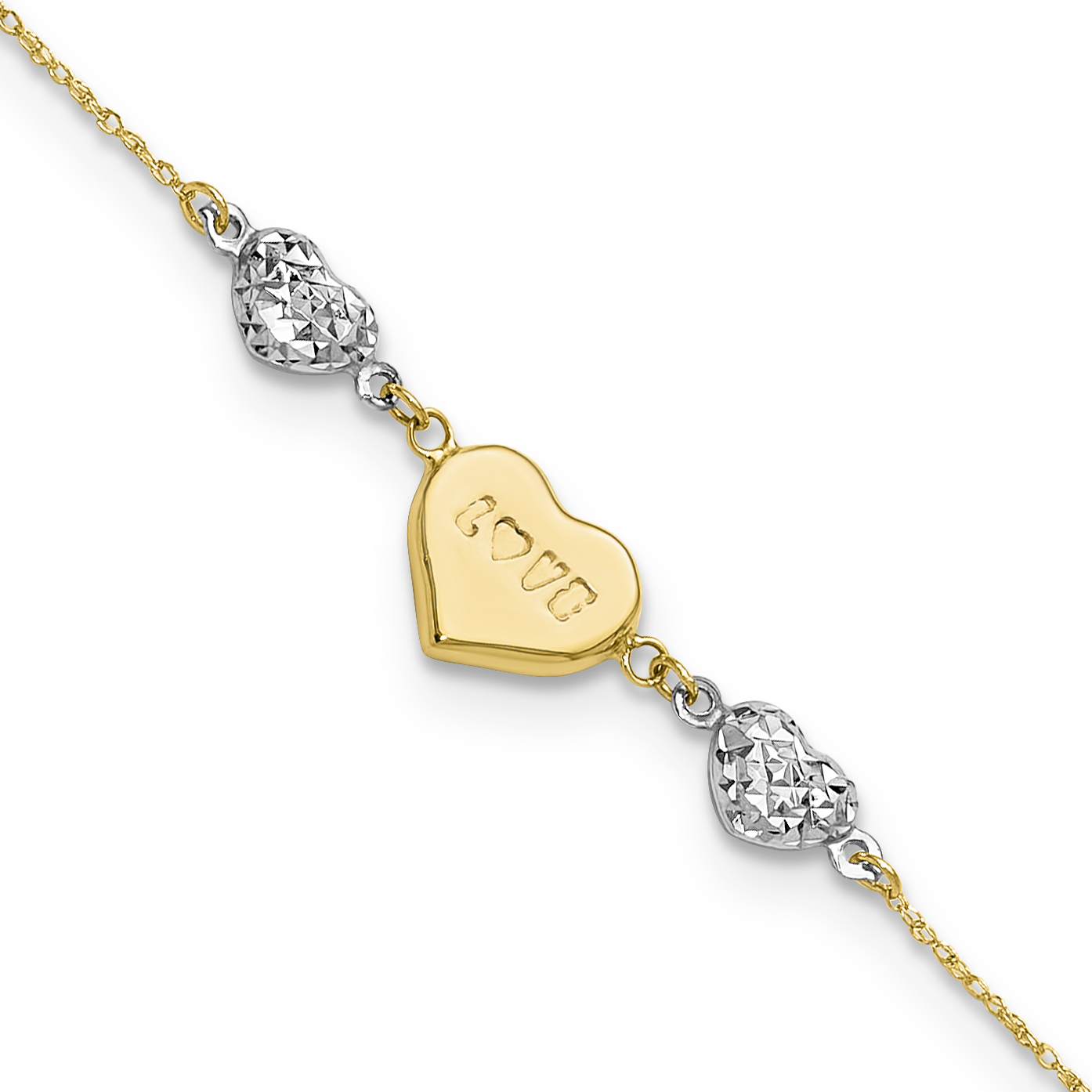 14K Two-tone Puffed LOVE Heart and Diamond-cut Beads 7 inch Bracelet Plus 1 inch Heart Dangle Extender (ANK276-7)