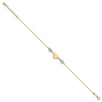 14K Two-tone Puffed Mom Heart and Diamond-cut Beads Bracelet Plus 1 Inch Heart Dangle Extender, 7" view 2