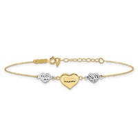 14K Two-tone Puffed Mom Heart and Diamond-cut Beads Bracelet Plus 1 Inch Heart Dangle Extender, 7" view 3