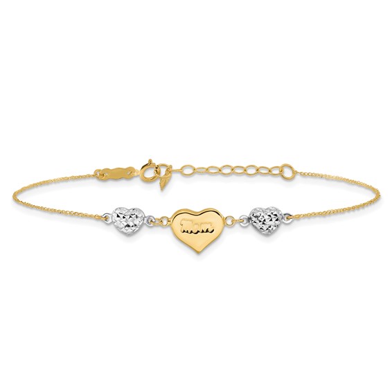 14K Two-tone Puffed MOM Heart and Diamond-cut Beads 7 inch Bracelet Plus 1 inch Heart Dangle Extender