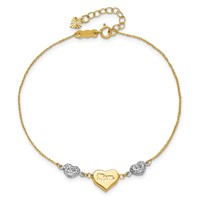 14K Two-tone Puffed Mom Heart and Diamond-cut Beads Bracelet Plus 1 Inch Heart Dangle Extender, 7" view 4