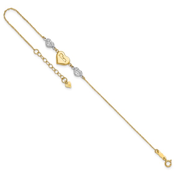 14K Two-tone Puffed MOM Heart and Diamond-cut Beads 7 inch Bracelet Plus 1 inch Heart Dangle Extender