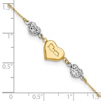 14K Two-tone Puffed Mom Heart and Diamond-cut Beads Bracelet Plus 1 Inch Heart Dangle Extender, 7" view 5