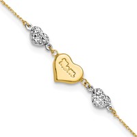 14K Two-tone Puffed Mom Heart and Diamond-cut Beads Bracelet Plus 1 Inch Heart Dangle Extender, 7" view 1