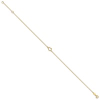 14K Yellow Gold Textured and Polished Open Heart Plus 1 Inch Extender - Total 10 Inch Anklet, 9" view 2