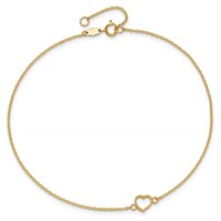 14K Yellow Gold Textured and Polished Open Heart Plus 1 Inch Extender - Total 10 Inch Anklet, 9" view 4