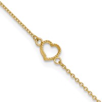 14K Yellow Gold Textured and Polished Open Heart Plus 1 Inch Extender - Total 10 Inch Anklet, 9" view 1