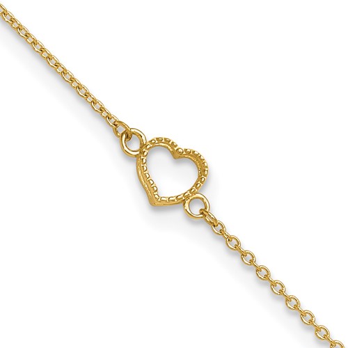 14K Yellow Gold Textured and Polished Open Heart Plus 1 Inch Extender - Total 10 Inch Anklet, 9"