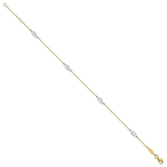 14K Two-Tone Diamond-cut Leaf 4-Station 9 inch Plus 1 inch Extender - Total 10 inch Anklet