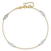 14K Two-Tone Diamond-cut Leaf 4-Station Plus 1 Inch Extender - Total 10 Inch Anklet, 9" view 5