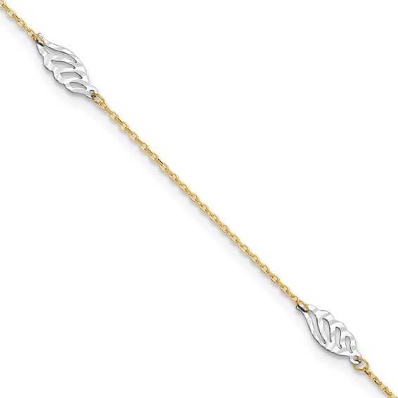 14K Two-Tone Diamond-cut Leaf 4-Station 9 inch Plus 1 inch Extender - Total 10 inch Anklet