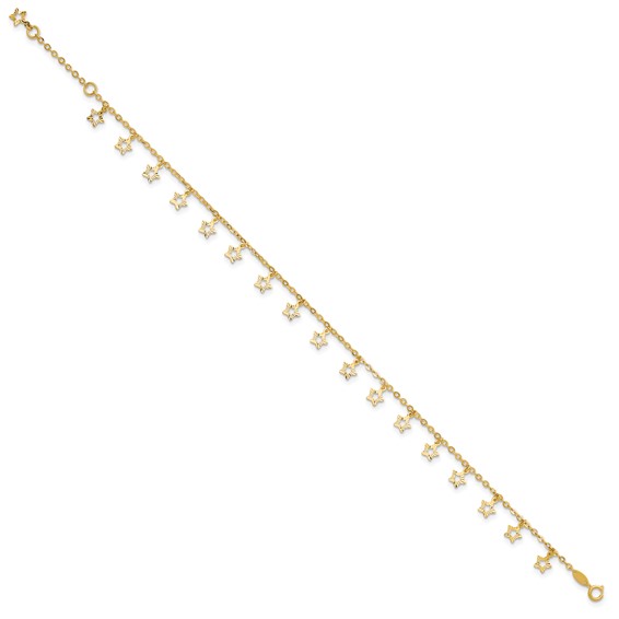 14k Polished and Textured Dangle Stars 9 inch Plus 1 inch Star Dangle Extender - Total 10 inch Anklet