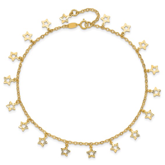 14k Polished and Textured Dangle Stars 9 inch Plus 1 inch Star Dangle Extender - Total 10 inch Anklet