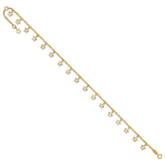 14k Polished and Textured Dangle Stars 9 inch Plus 1 inch Star Dangle Extender - Total 10 inch Anklet