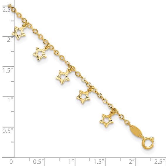 14k Polished and Textured Dangle Stars 9 inch Plus 1 inch Star Dangle Extender - Total 10 inch Anklet