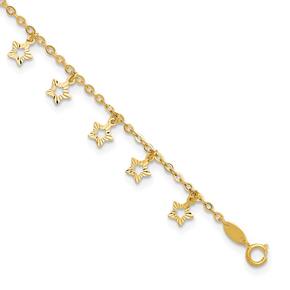 14k Polished and Textured Dangle Stars 9 inch Plus 1 inch Star Dangle Extender - Total 10 inch Anklet